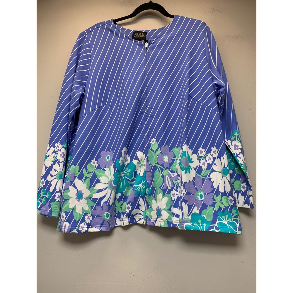 Bob Mackie Zip Front Top Womens 1X Blue Floral Stripe Wearable Art Excellent